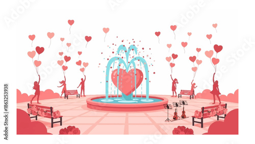 Romance in Bloom: An idyllic scene of a heart-shaped fountain, where joy and love intertwine. Silhouette figures with heart balloons, and benches on the side.