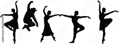 Silhouette illustration set of 5 dancers ballet hip hop ballroom and contemporary poses