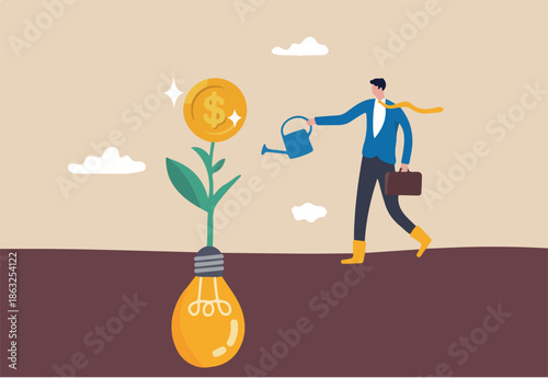 Monetize idea, make profit from creativity or innovation, earn money thinking, startup or fund raising concept, smart business watering on growing money coin seedling plant from lightbulb idea.