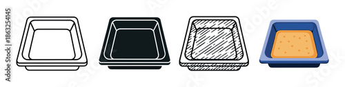 Four plastic container icons in different styles showing a line art, glyph, sketch, and colorful cartoon version of a square food tray for packaging or storage concepts