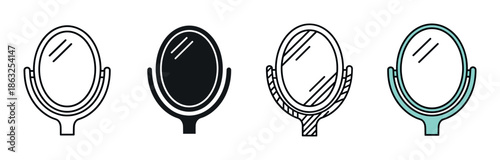 Set of four oval tabletop mirrors presented as icons in various graphic styles, including simple outline, solid silhouette, hatched texture, and a colored version