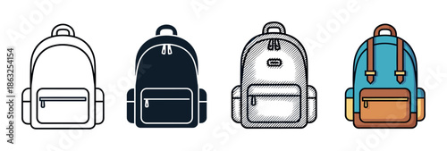 Set of four school backpack icons presented in various graphic design styles like simple outline, solid glyph, hand-drawn sketch, and modern flat color illustration