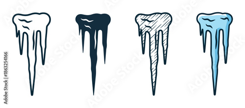 Set of four icicle icons in different styles including outline, silhouette, hatched sketch, and colored cartoon illustration for winter and cold weather design