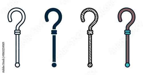 Four walking stick icons in various graphic styles including outline, solid fill, hand-drawn sketch, and color, showing a classic shepherd's crook design for user interface elements