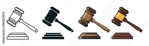 Set of four judge's gavels and sounding blocks shown in different illustration styles, including outline, silhouette, and full color versions for legal concepts