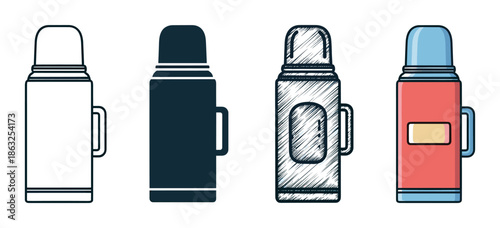Four vacuum flask container icons in a set featuring diverse graphic design styles such as outline, solid shape, hand-drawn sketch, and a colorful flat illustration