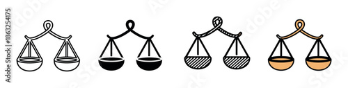 Scales of justice icon set with four different design variations including simple line art, a solid black silhouette, a patterned version, and a colored fill style