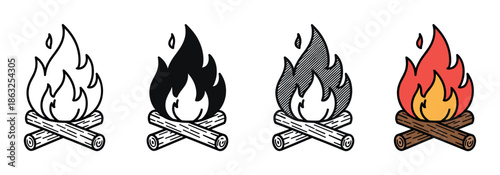 Collection of four hand-drawn campfire icons presented in various styles, including simple outline, solid silhouette, shaded monochrome, and a vibrant full-color version