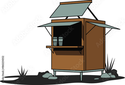 Small wooden kiosk with open shutters and two cups inside on white background stall booth