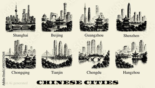 This artistic Chinese city skyline collection features eight detailed, hand-drawn sketches of major metropolitan hubs, including Shanghai, Beijing, Guangzhou, Shenzhen, Chongqing, Tianjin, Chengdu
