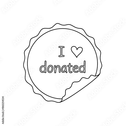 Donated sticker with heart shape and text in black outline design  