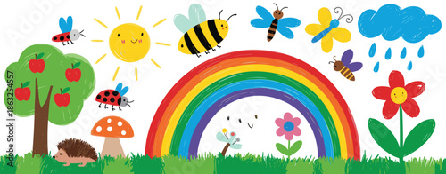 Whimsical Cartoon Nature Scene With Animals Sun Rainbow And Rain Clouds Keywords: nature, scene, cartoon, whimsical, cute, animals, sun, rainbow