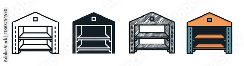 Set of four garage building icons with empty storage shelves inside, presented in various artistic styles including line art, solid glyph, hand-drawn sketch, and color
