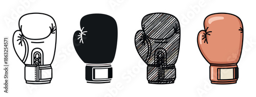 Set of four boxing gloves illustrated in different artistic styles, including outline, silhouette, sketch, and cartoon, showing a collection of sports equipment variations