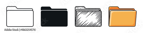 Set of four file folder icons in different styles including outline, silhouette, sketch, and color for organizing digital documents and data in a user interface