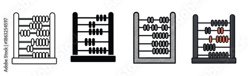 Four abacus icons in different styles including line art, silhouette, textured, and colored versions for financial and educational concepts