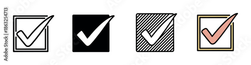 Collection of four checkmark icons in different graphic styles including outline, solid fill, striped, and color for user interface design or web elements
