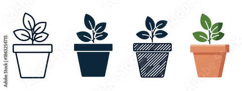 Set of four potted plant icons presented in various graphic design styles such as simple outline, solid silhouette, hatched sketch, and a full color flat illustration