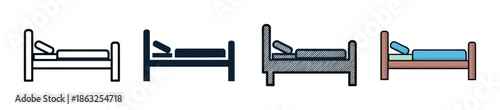 Set of four bed icons in different styles including line art, solid silhouette, hatched, and colored flat design for sleep, rest, and accommodation concepts
