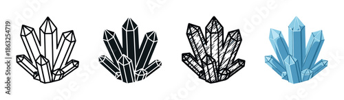 Four crystal cluster vector illustrations showing different artistic styles like line art, solid black silhouette, hand-drawn sketch, and a blue colored version