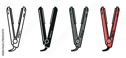 Hair straightener flat iron icon set showing four different illustration styles including line art, silhouette, hand-drawn sketch, and a colored doodle for beauty concepts