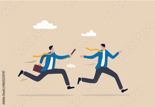 Business baton pass, relay, job handover or partnership and teamwork to help winning business concept, businessmen colleagues partner passing baton while running at full speed to achieve success.