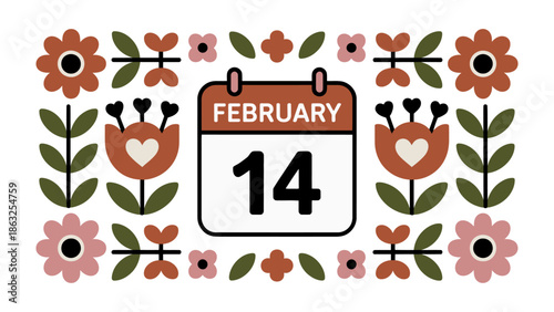 Valentine's Day Calendar Floral Illustration: a charming illustration of a calendar featuring the date February 14, adorned with romantic floral and heart elements.