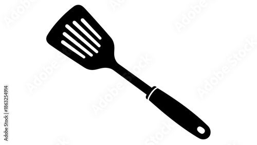 Black spatula with handle on white background for cooking
