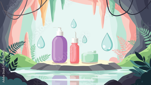 Natural Skincare Products in a Serene Cave Setting with Water Droplets and Lush Greenery