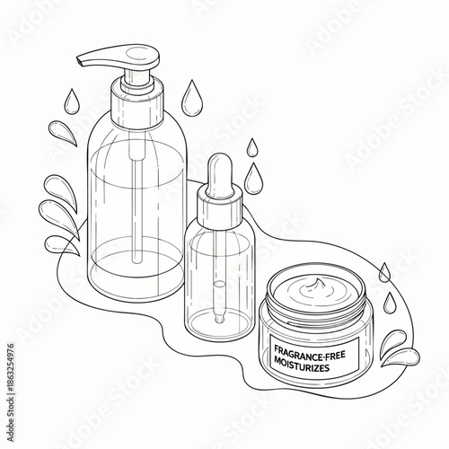 Line art illustration of fragrance-free skincare products: pump bottle, dropper, and moisturizer jar. Water splashes highlight natural, gentle, and hypoallergenic skincare.