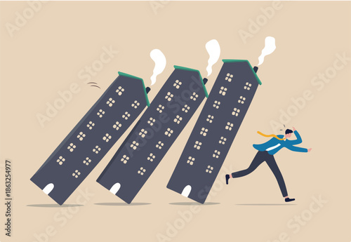 Real estate or property debt crisis causing domino effect, housing and stock market or investment asset fall down concept, panic businessman investor run away from collapsing housing domino.