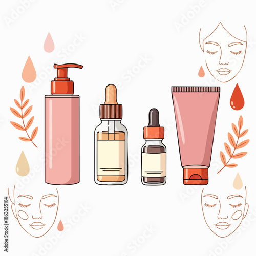 Skincare products and beauty essentials for a healthy, radiant complexion, presented in a clean, modern illustration.