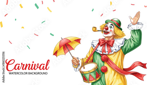 Carnival vector illustration featuring a circus clown with drum umbrella and pipe amidst festive colorful confetti party background.