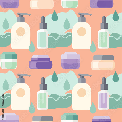 Seamless pattern of skincare products, bottles, jars, and drops on a peach background, flat design