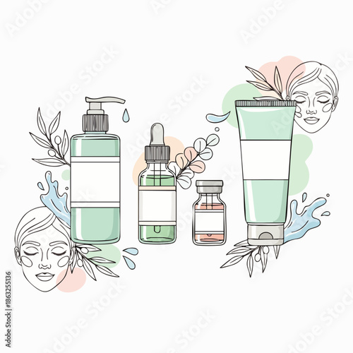 Set of skincare products with botanical elements and faces, perfect for beauty and wellness brands.
