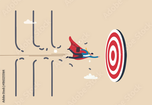 Overcome difficulty or challenge to success, obstacle or problem to solve and achieve target, determination or breakthrough barrier concept, businessman superhero fly through obstacle to reach target