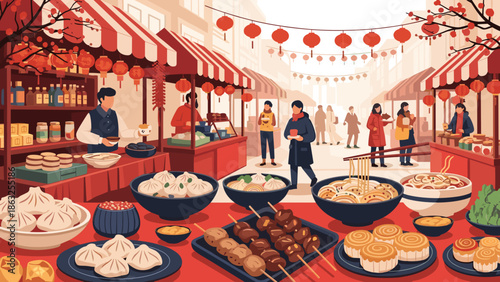 Abundance of Traditional Lunar New Year Food on Display at a Festive Street Market, Lanterns and Cherry Blossoms