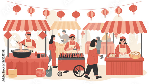 Simple Flat Illustration of Lunar New Year Food Stalls with Vendors and Customers Under Red Lanterns