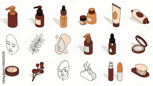 Isometric vector set of natural beauty and skincare products. Collection features serum bottles, cream jars, makeup, and organic elements, perfect for wellness.