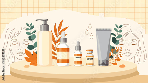 Flat illustration of a natural skincare product collection: lotion, toner, serum, and cream bottles, with botanical elements and abstract female faces, promoting beauty and self-care.