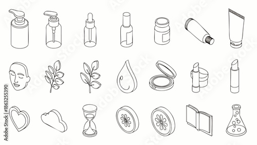 Isometric line art icons of beauty and skincare products, cosmetic items, natural ingredients, and wellness symbols for modern design projects.