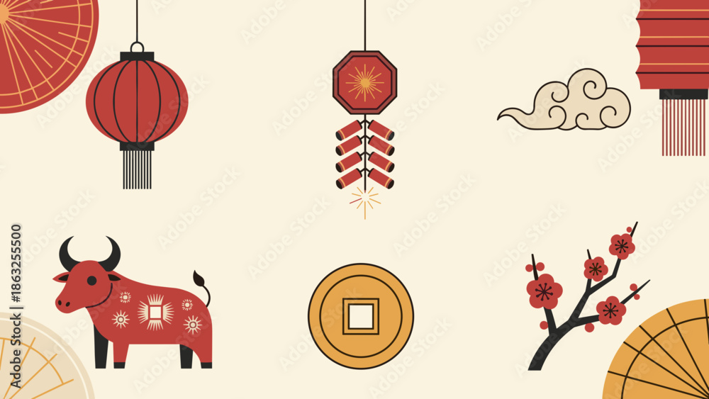 Fototapeta premium Elegant Chinese Lunar New Year pixel art icon collection on a neutral background, featuring lanterns, firecrackers, zodiac ox, coins, and plum blossoms.