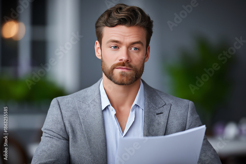 Young man with a beard, dressed in a gray suit, is reviewing documents in a modern office setting, showcasing a professional atmosphere and focused expression