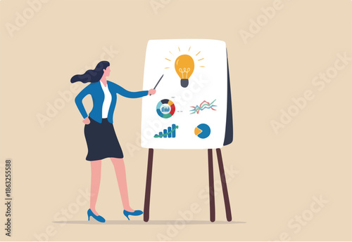 Present idea, explain solution or strategy, intelligence information, business insight for new opportunity, optimization concept, businesswoman presenting new lightbulb idea with graph and chart.