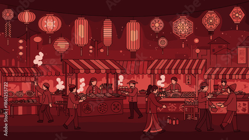 Dark Red Toned Illustration of a Traditional Chinese Market at Night, Decorated with Lanterns for Lunar New Year