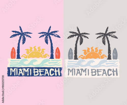 Happiness comes in wave. Summer good vibes vector graphic design for apparel, stickers, posters, background and others. Miami beach vector design. Sunshine paradise artwork. Abstract wave artwork.