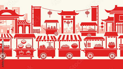 Seamless Pattern of Lunar New Year Food Carts and Traditional Chinese Architecture in Red and White