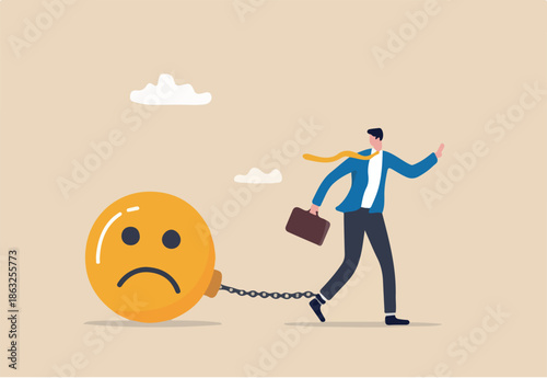 Stressed burden, anxiety or negative thinking, anger or emotional causing problem, mental health or depression, overworked or overwhelmed concept, depressed businessman chain with sad face burden.