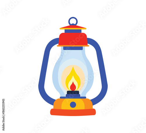 Camping lantern with burning flame retro style kerosene lamp on transparent background