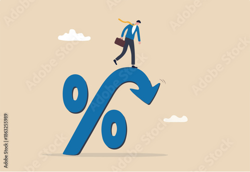 Inflation or interest rate falling down, decrease or reduction, profit fall in economic recession, stock market value loss, FED reduce interest rate, businessman on percentage sign with falling down